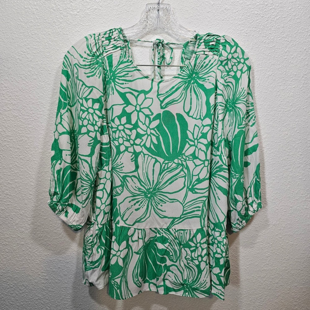 Lilly Pulitzer Green White Floral Peplum Blouse Top Large